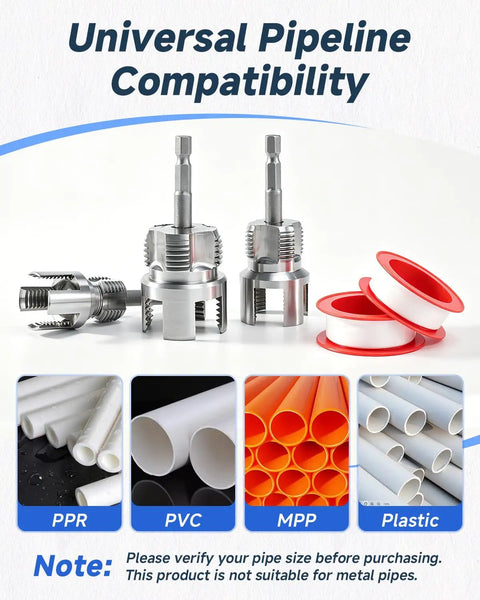 Two In One Pipe Tapping And Threading Kit For One Half Inch, Three Quarter Inch, And One Inch PVC Pipes on display with compatible pipe types