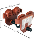Beefy Steel Push Eye Manual Trolley With 2000 Lb Capacity, angled view showing size measurements and orange rollers