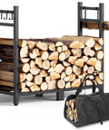 Heavy Duty 34 Inch Firewood Rack For Indoor And Outdoor Use With Log Carrier And Kindling Hooks, firewood stored inside.