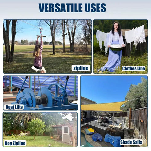 Versatile uses of 100 Ft Quarter Inch Stainless Steel Wire Rope Kit With Two Five Sixteenths Turnbuckles Clamps And Thimbles 7x19 Aircraft Cable For Zipline And Deck Railing 6400 Lb Break Strength Ideal For DIY Outdoor Installations including zipline, clothes line, boat lifts, shade sails, and dog zipline