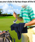 Man cleaning golf club with navy 3 Pack 16 By 16 Inch Golf Towels For Men On The Go with Carabiner Clip Premium Waffle Pattern Microfiber Towel