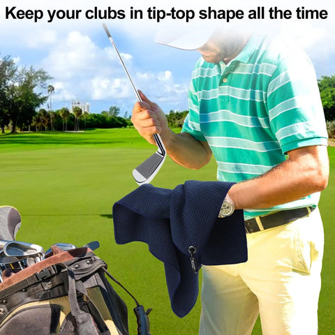 Man cleaning golf club with navy 3 Pack 16 By 16 Inch Golf Towels For Men On The Go with Carabiner Clip Premium Waffle Pattern Microfiber Towel