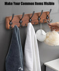 Rustic Wall Mount Coat Rack With Five Triple Hooks Heavy Duty Solid Wood Coat Hanger in use in a bathroom setting