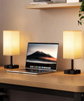 Fully Dimmable Nightstand Lamps Set Of 2 With Stepless Dimming Rotary Switch, USB C And USB A Charging Ports, linen shade on desk