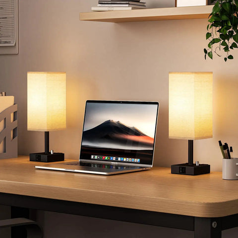 Fully Dimmable Nightstand Lamps Set Of 2 With Stepless Dimming Rotary Switch, USB C And USB A Charging Ports, linen shade on desk