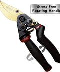 8.5 Inch Rotating Bypass Pruning Shears with Titanium Coated SK5 Blade showing cushioned handle and stress-free rotating feature.