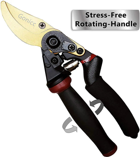 8.5 Inch Rotating Bypass Pruning Shears with Titanium Coated SK5 Blade showing cushioned handle and stress-free rotating feature.