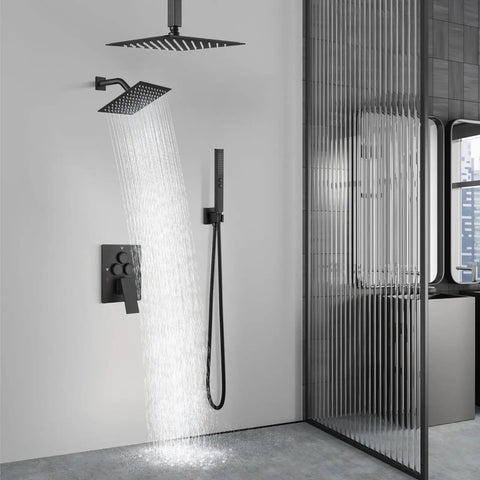 Top Shelf Ceiling Shower Faucet Set Featuring Dual Head Rain Shower Kit In Sleek Matte Black Finish Heavy Duty Stainless Steel And Brass Build For Durable Bathroom Upgrades And High Pressure Flow