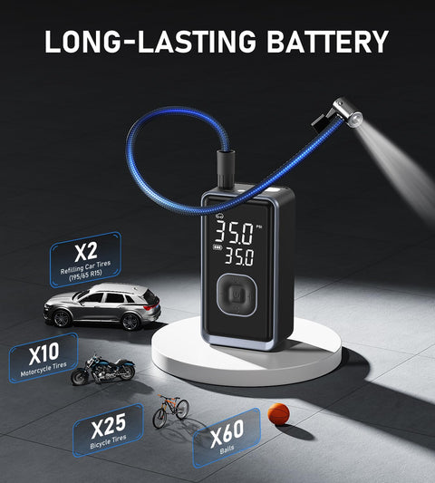Cordless Portable Tire Inflator Mini Air Pump With Digital Pressure 150 PSI For Car Motorcycle Bike And Ball LED Light Auto Shut Off 3X Faster Inflation Travel Ready with digital display on display stand