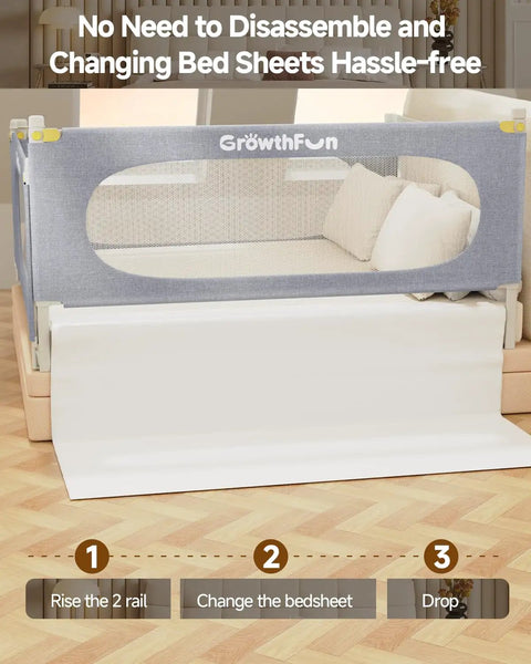 Three Piece Queen Size Bed Rail Guard For Toddlers And Kids Height Adjustable Baby Bed Rail For Queen Beds Safe Sleep Protection To Prevent Nighttime Rollovers Easy Setup Grey showing easy bedsheet change instructions.