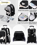 Kids Rolling Backpack With Wheels For School displaying multiple pockets, telescopic handle, and durable water-resistant nylon material.