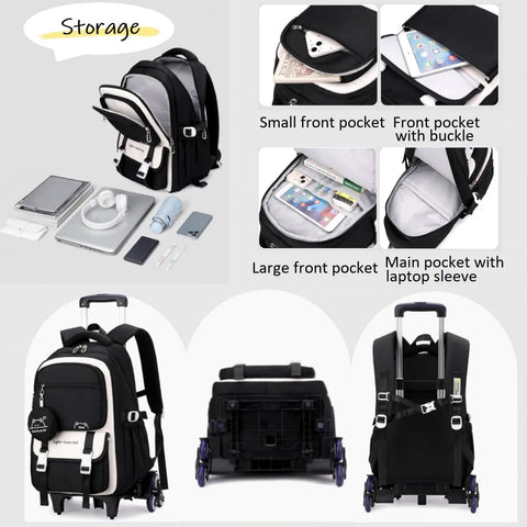 Kids Rolling Backpack With Wheels For School displaying multiple pockets, telescopic handle, and durable water-resistant nylon material.