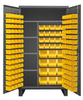 Beefy Industrial Steel Locker Cabinet With Recessed Doors And Locking Hardware For Workshop And Garage Built To Last Storage Solution With Pegboard Organization System And Extra Heavy Duty Construction, gray, open with yellow bins