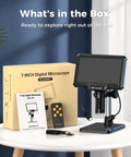 7 Inch LCD Digital Soldering Microscope With Remote And Side Lights High Clearance Stand For DIYers And Tweezers Access 1080P Live View For Precise Microsoldering On Tiny PCBs. Box contents with 7-inch digital microscope, remote, manual, and cable.