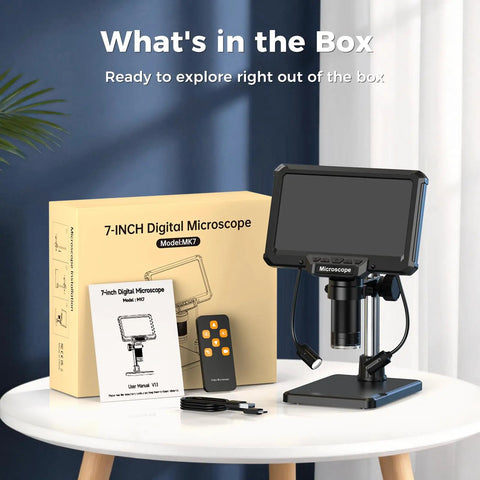 7 Inch LCD Digital Soldering Microscope With Remote And Side Lights High Clearance Stand For DIYers And Tweezers Access 1080P Live View For Precise Microsoldering On Tiny PCBs. Box contents with 7-inch digital microscope, remote, manual, and cable.