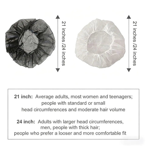 Size comparison of 21 inch and 24 inch Disposable Bouffant Hair Net for Food Service and Beauty, Latex Free, Pack of 100, White