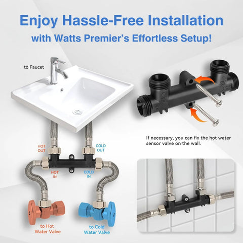 Front view: Watts Premier sensor valve kit with two braided 12-inch supply lines and hot/cold valves.