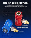 R1234yf Quick Couplers Kit with red and blue aluminum high/low pressure couplers, brass fittings, and adjustable knob.