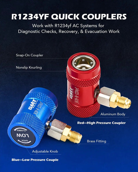 R1234yf Quick Couplers Kit with red and blue aluminum high/low pressure couplers, brass fittings, and adjustable knob.
