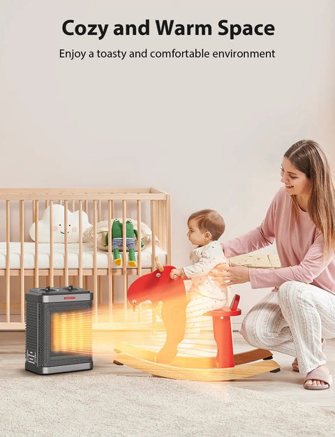 Heat Up Fast PTC Ceramic Space Heater With Thermostat 3 Modes No Fuss Compact Desk Heater warming a nursery space