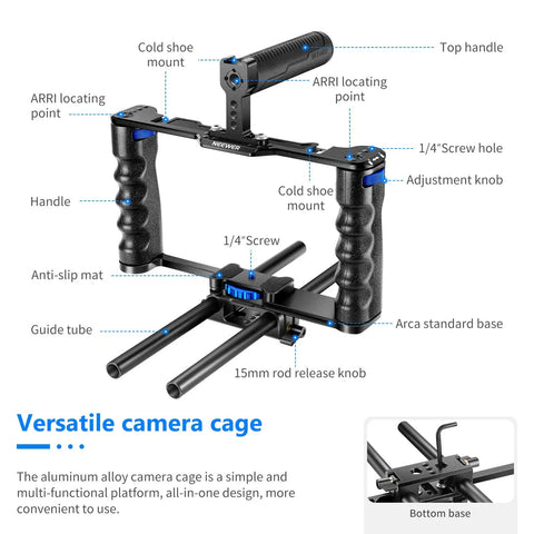 Diagram of Aluminum Camera Cage Filmmaking Rig With Top Handle And Dual Grips Arca Type Base Universal Compatibility With Sony A7S III