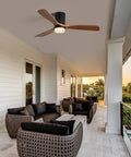 52 Inch Ceiling Fan With Lights 3 Solid Wood Fan Blade in a modern outdoor patio setting, black finish with wood blades.