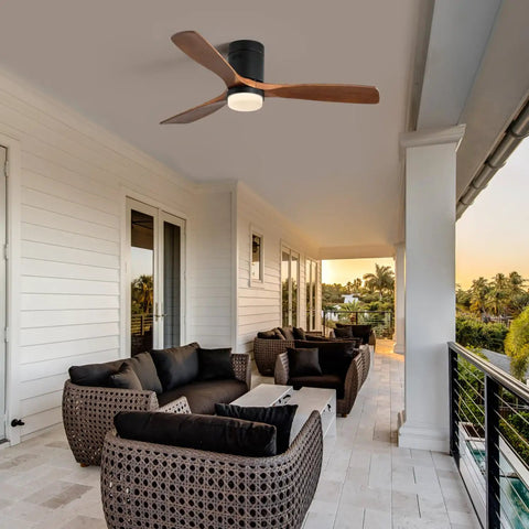 52 Inch Ceiling Fan With Lights 3 Solid Wood Fan Blade in a modern outdoor patio setting, black finish with wood blades.