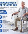 Built Tough Toilet Safety Rail Rated To 350 Pounds, Adjustable Grab Bar For Seniors And Handicap Users, man sitting using rail.