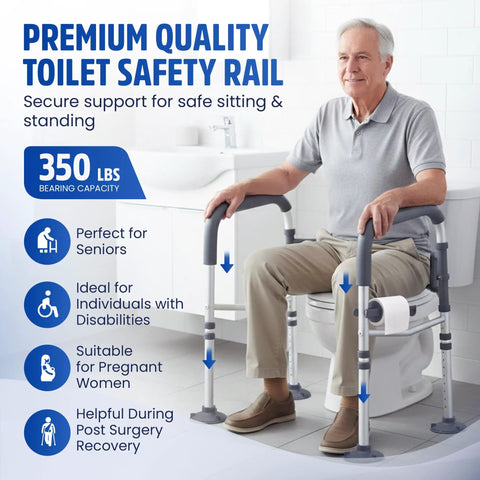 Built Tough Toilet Safety Rail Rated To 350 Pounds, Adjustable Grab Bar For Seniors And Handicap Users, man sitting using rail.