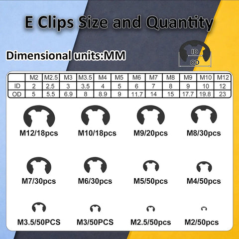 E clips size chart from 850 Piece C Clip And E Clip Retaining Ring Kit With 24 Sizes From M2 To M16 Carbon Steel Heavy Duty Snap Ring Pliers