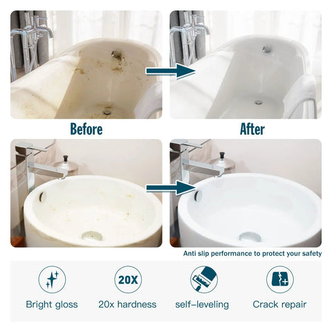 Before and after images showing 2K Epoxy Bath Tub Paint And Sink Refinishing Kit with twenty times thicker formula in white finish.
