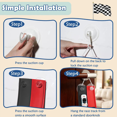 Installation steps for Flexible 15 Ft Race Track Starter Set With Strong Suction Cups For Kids 3 Plus Roll Up Track Works On Walls