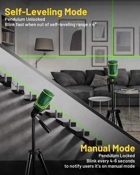 X2 Self Leveling Laser Level With 2.2Ah Rechargeable Battery, 197ft Range, Outdoor Pulse Mode projecting green beams