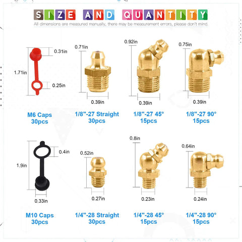 180Pcs SAE Brass Hydraulic Grease Fittings Kit Pro Grade With Straight One Eighth Inch And One Quarter Inch 45 Degree And 90 Degree Angles