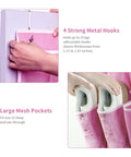 Pink Over The Door Shoe Organizer With 35 Pockets For Maximum Storage, showing metal hooks and large mesh pockets for size 13 shoes.