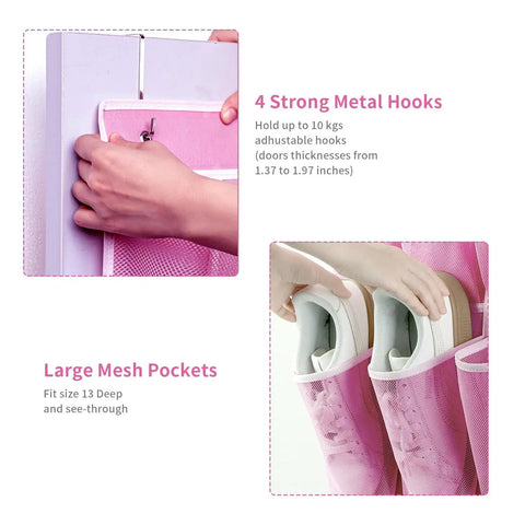 Pink Over The Door Shoe Organizer With 35 Pockets For Maximum Storage, showing metal hooks and large mesh pockets for size 13 shoes.