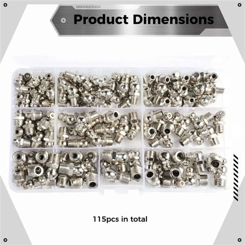 Solid 115 Piece Grease Fitting Kit With M6 M8 M10 Straight And 45 90 Degree Zerk Nipples Plated Nickel Check Valve Assortment For Cars And Trucks, 115pcs