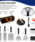 18-piece griddle accessories kit for Blackstone (front view); includes spatulas, burger press, basting cover, scraper