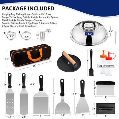 18-piece griddle accessories kit for Blackstone (front view); includes spatulas, burger press, basting cover, scraper