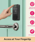 Smart Door Lock With 5 In 1 Keyless Entry Fingerprint Password App Control IC Card And Key Bluetooth Electronic Lock For Front Door Anti Peeping Password And Quick Secure Home Access For Any Front Door Setup shown installed on a teal door.