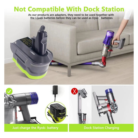 2 In 1 Ryobi 18V Battery Adapter For Dyson V7 And V8 Cordless Vacuums shown with charging setup