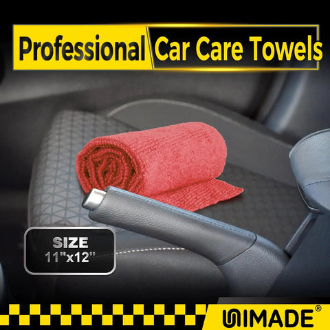 Bulk 200 Pack Microfiber Shop Towels Rags 11.5 By 11.5 Inches Reusable Cleaning Cloths Lint Free High Absorbency Workhorse For Car Auto Garage Kitchen Bar Mechanic Restaurant Red, rolled towel on car seat.