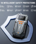 5000A Beast Mode Jump Starter With Air Compressor featuring digital display and safety features, gray and orange design.