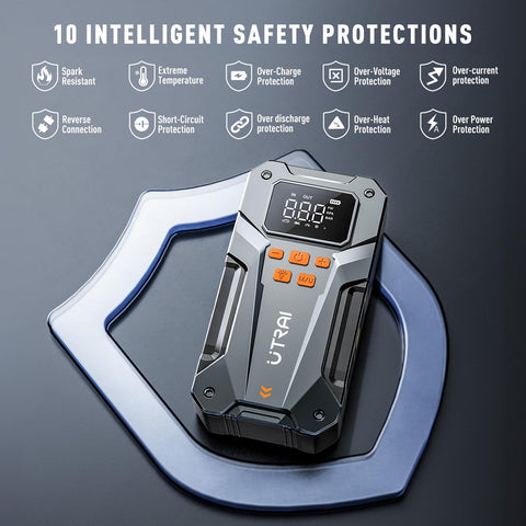 5000A Beast Mode Jump Starter With Air Compressor featuring digital display and safety features, gray and orange design.