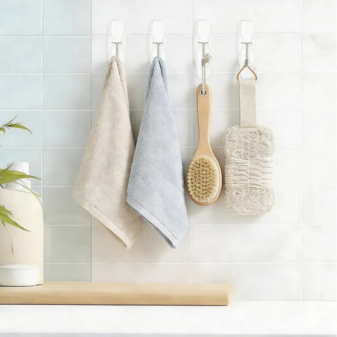 Clear Wire Wall Hooks With Removable Adhesive Strips No Damage Hacks For Ultimate Organization holding towels and bath brush.