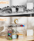 Clear Stackable Drawer Set 12 Pack In 3 Sizes Modular Acrylic Organizer showcasing organized office supplies against cluttered desk.