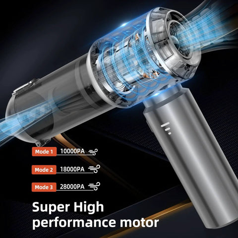 Powerful Cordless Handheld Vacuum With 28000Pa Brushless Motor showing motor performance and suction modes.