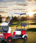 Two seater electric golf cart with utility basket, cruising in a golf course setting, showcasing 800W motor and adjustable seats.