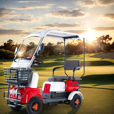 Two seater electric golf cart with utility basket, cruising in a golf course setting, showcasing 800W motor and adjustable seats.