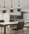 Dope Black Glass Pendant Lights 3 Pack Farmhouse Modern Hanging Island Light with adjustable cords in dining room.